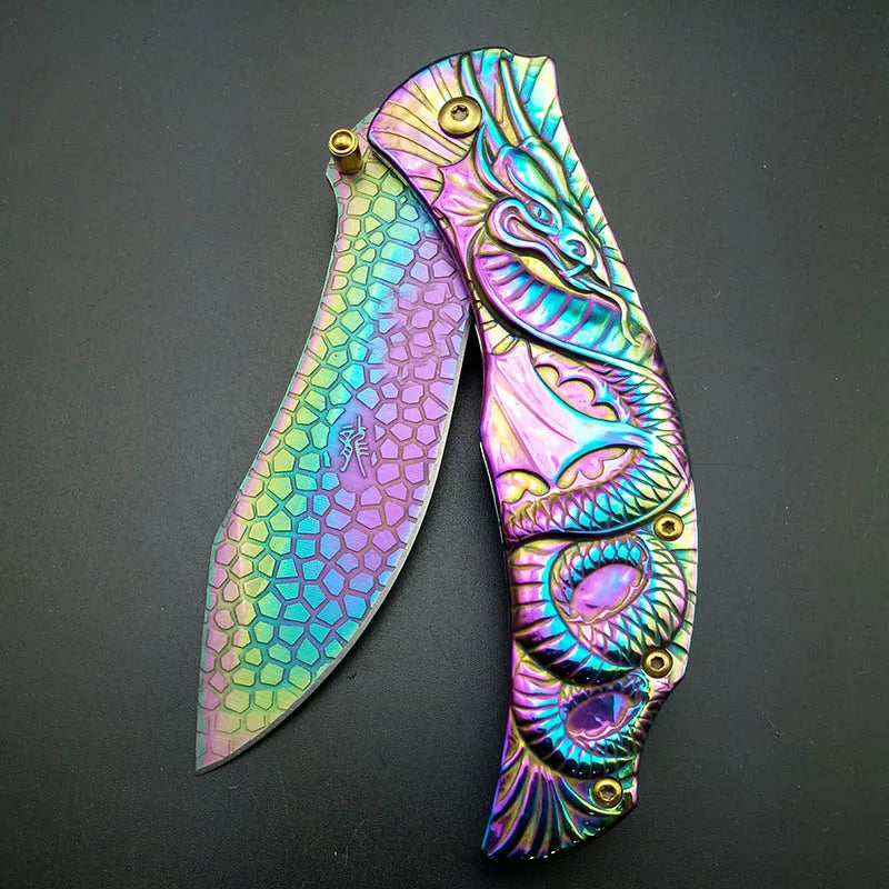 Dragon Rainbow Titanium Folding Pocket Knife Cosplay Fade Collection Graphic survival camping Knives utility  tactical knifes