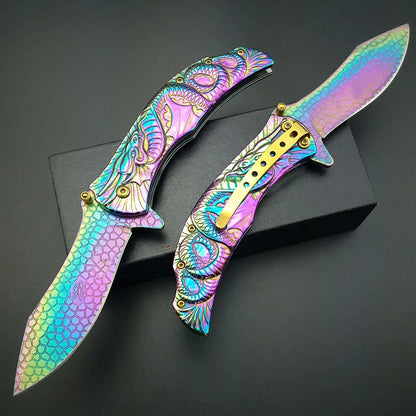 Dragon Rainbow Titanium Folding Pocket Knife Cosplay Fade Collection Graphic survival camping Knives utility  tactical knifes