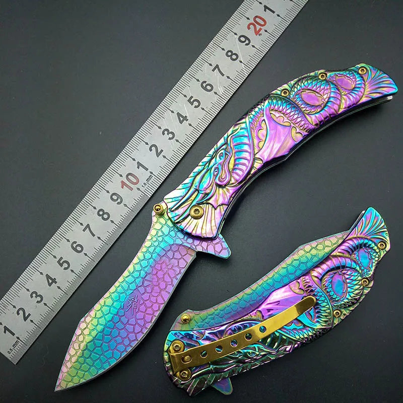 Dragon Rainbow Titanium Folding Pocket Knife Cosplay Fade Collection Graphic survival camping Knives utility  tactical knifes