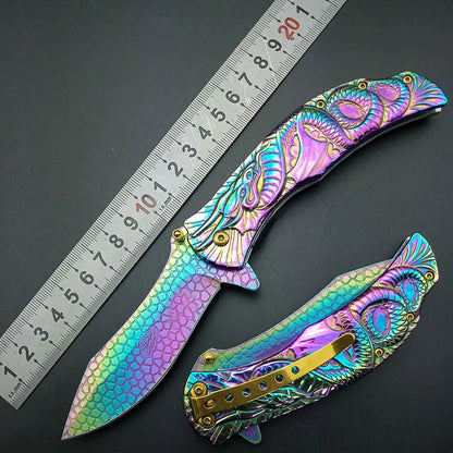 Dragon Rainbow Titanium Folding Pocket Knife Cosplay Fade Collection Graphic survival camping Knives utility  tactical knifes